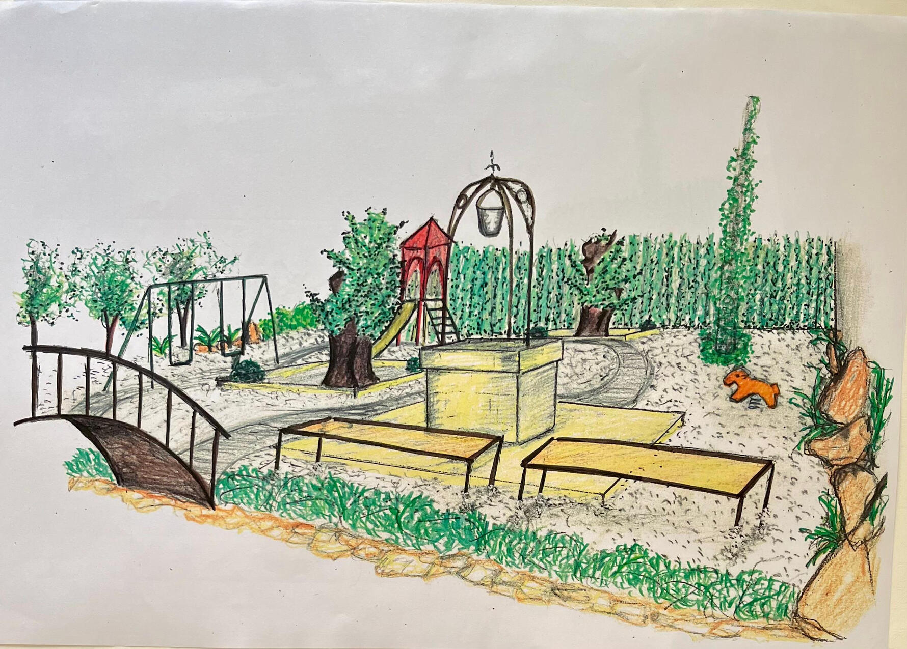 Progetto di architettura del paesaggio a colori per un giardino mediterraneo con area giochi ecologica per bambini. Hand-colored landscape design concept of a sustainable Mediterranean family garden with an integrated playground, by Studio 183.