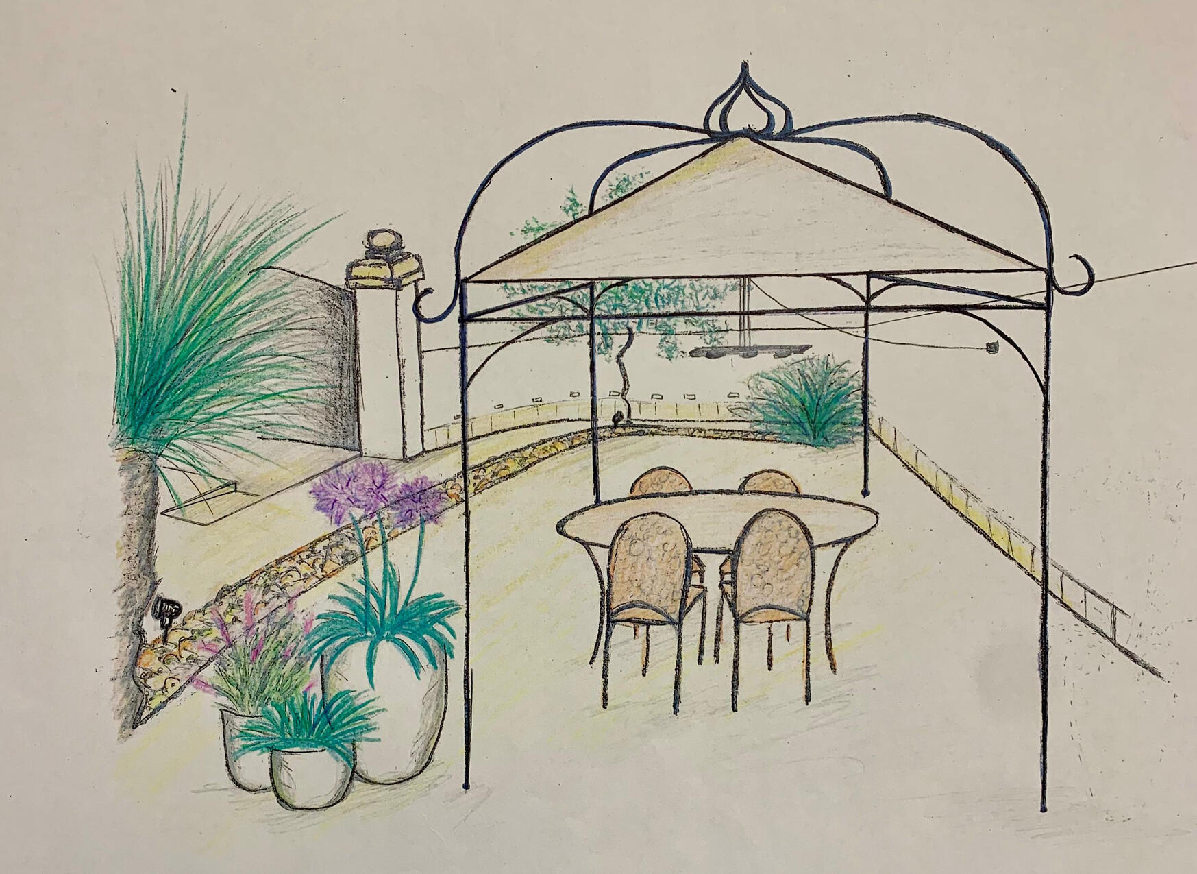Untitled Disegno a colori fatto a mano di un patio mediterraneo con pergola in ferro battuto e arredi da giardino. Hand-colored architectural sketch of an elegant outdoor patio with an iron pergola and bespoke garden design, by Studio 183.