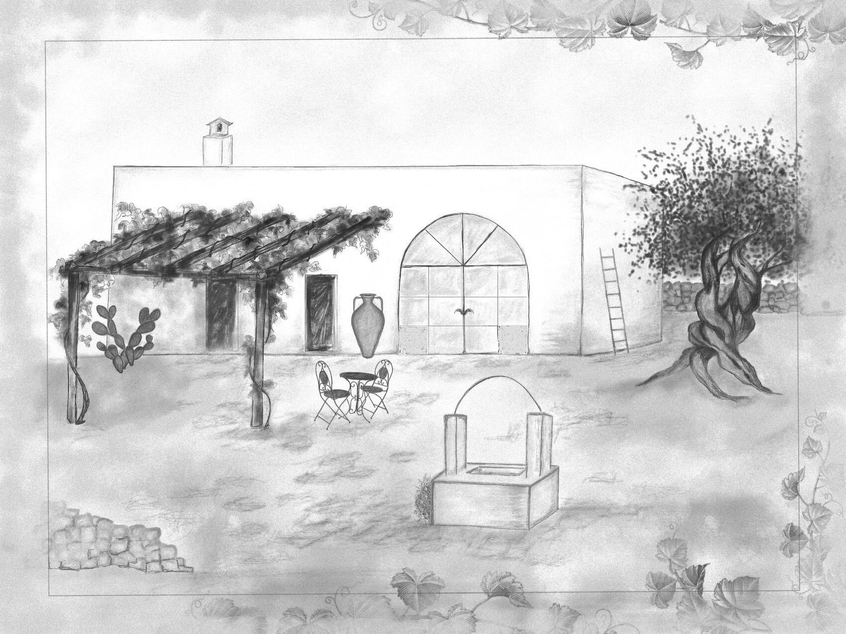 Disegno architettonico a matita in bianco e nero per il recupero conservativo di una masseria storica pugliese. Hand-drawn architectural sketch of a traditional historic masseria restoration concept in Puglia, by Studio 183.