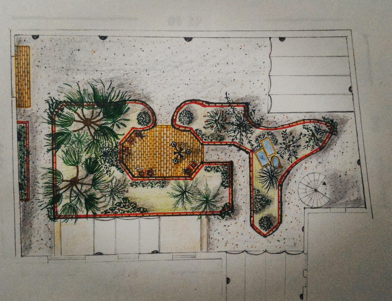Untitled Disegno tecnico e planimetria dall'alto di un giardino moderno con pavimentazione geometrica e percorsi verdi. Architectural blueprint and overhead master plan for a contemporary Mediterranean courtyard design, by Studio 183.
