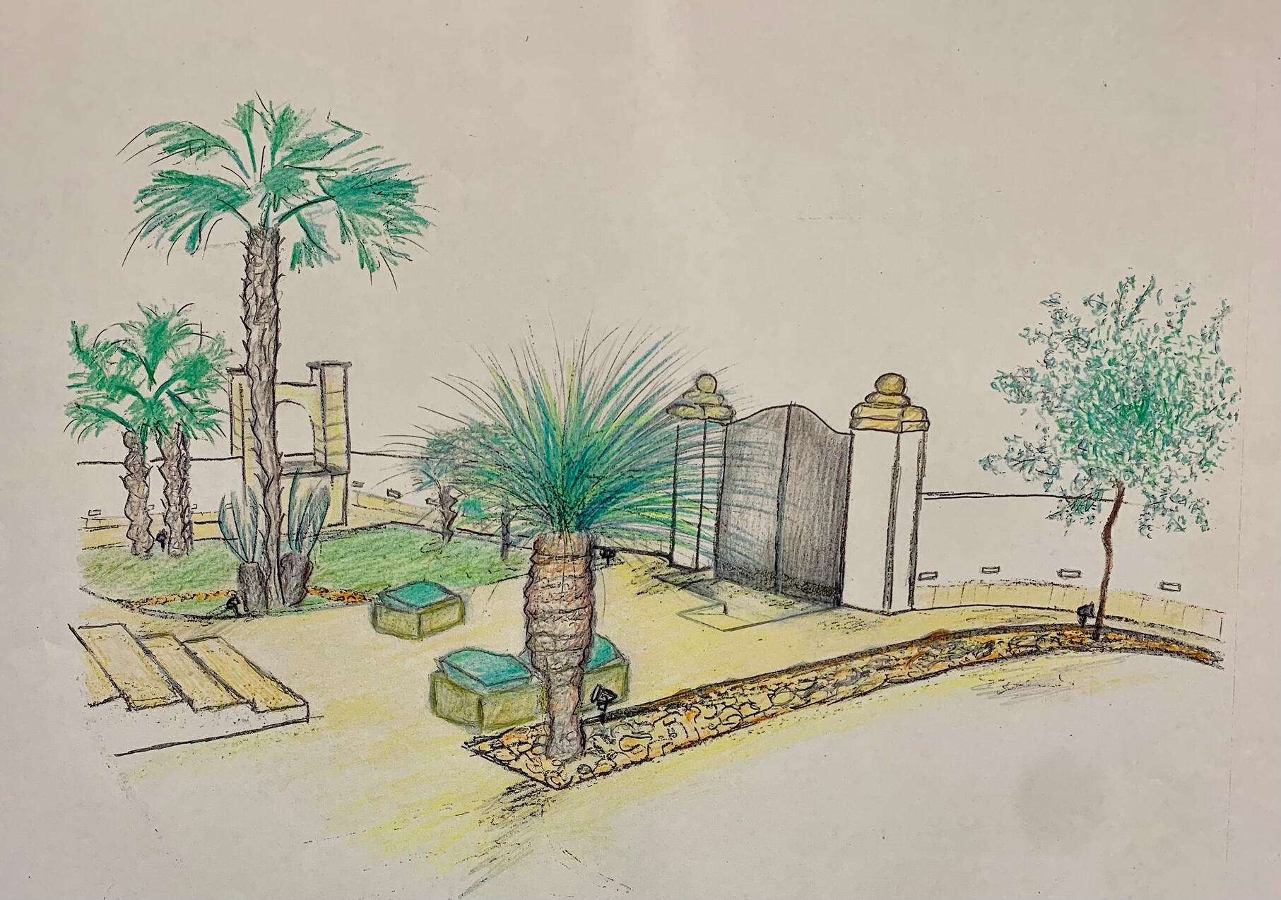 Progetto di architettura del paesaggio per l'ingresso di una villa salentina con palme, ulivi e muretti a secco. Landscape design concept for a Mediterranean villa entrance featuring palm trees, traditional stone walls, and native greenery, by Studio 183.