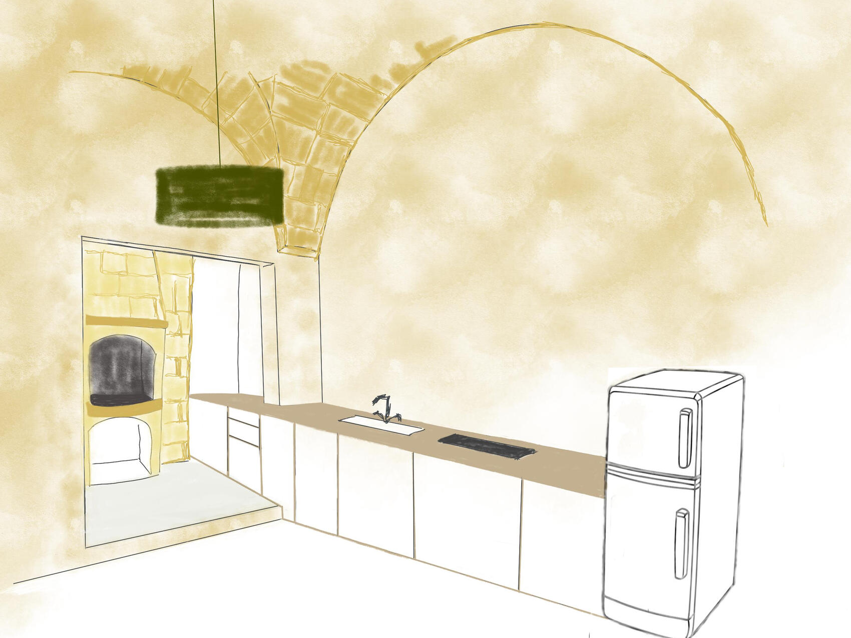 Disegno d'interni fatto a mano di una cucina moderna in una masseria pugliese con volte in pietra calcarea. Hand-drawn interior design concept of a modern Mediterranean kitchen with traditional stone vaults, by Studio 183.