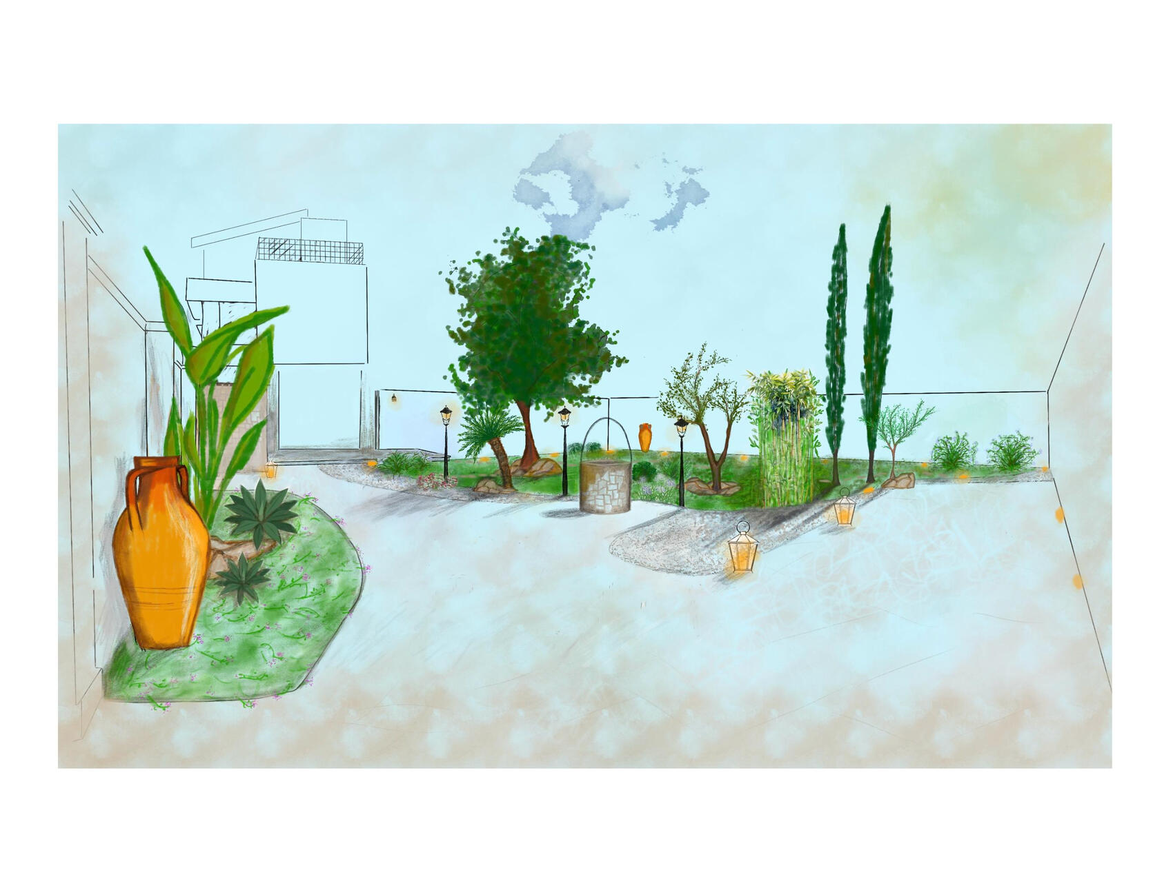 Disegno prospettico a colori di un giardino salentino con antico pozzo in pietra, piante autoctone e grandi orci in terracotta. Perspective colored sketch of a Mediterranean courtyard featuring a traditional stone well and terracotta vases, by Studio 183.